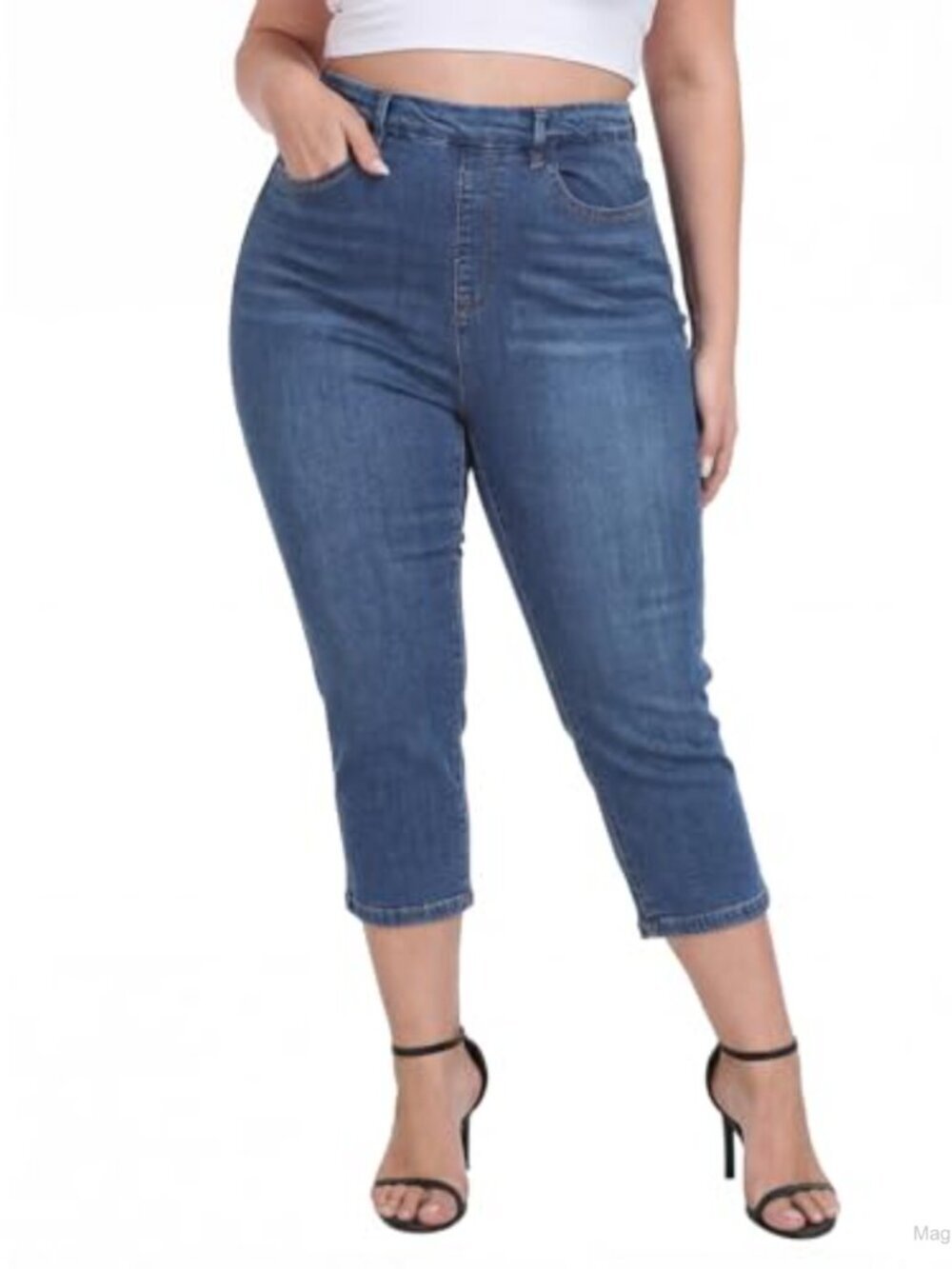 Plus Size Pull On Jean Capris 21" Inseam Stretchy Denim Tummy Control